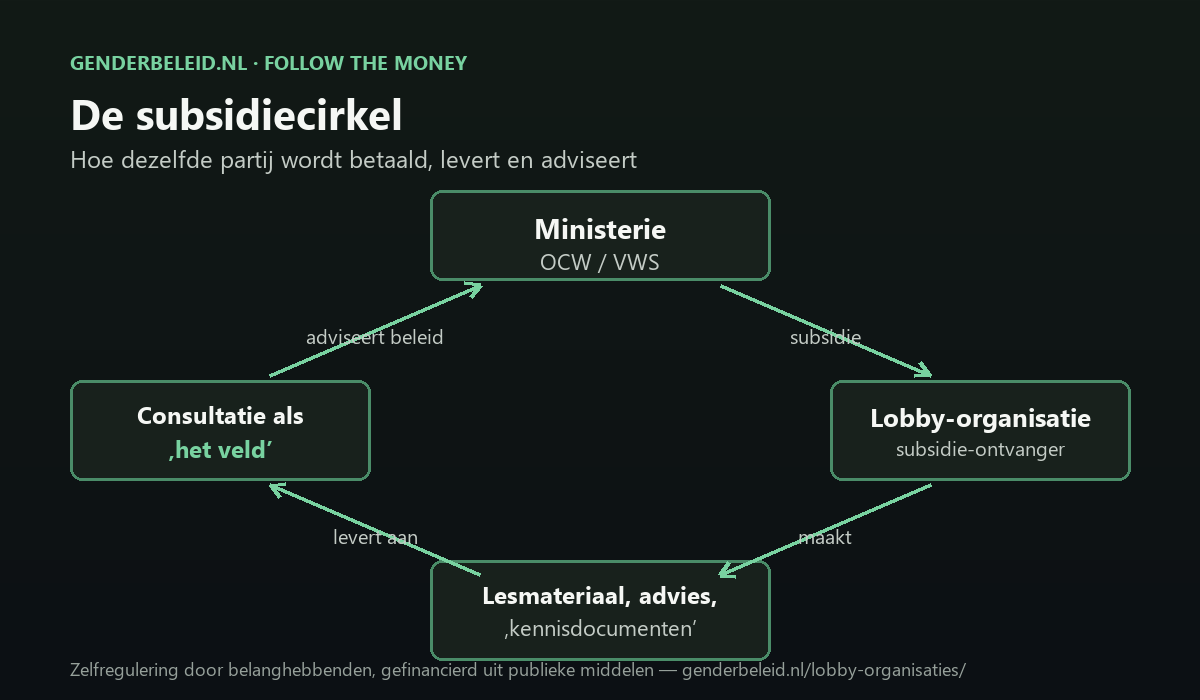 Stroomdiagram van de subsidiecirkel: ministerie geeft subsidie aan lobby-organisatie, die lesmateriaal en advies maakt, dat als consultatie van 'het veld' weer het beleid adviseert